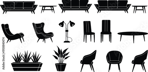 Mid Century Modern Furniture Silhouette Set Featuring Sofa Armchair Chair Coffee Table Floor Lamp and Potted Plant Vector Illustration for Interior
