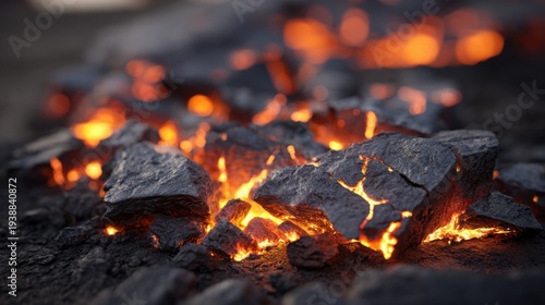 Close-up of cracked volcanic rock radiating intense residual heat and glowing embers in a fiery, incandescent display