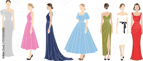 Vector illustration of elegant women in diverse evening gowns and cocktail dresses for formal events, galas, weddings, and fashion design.