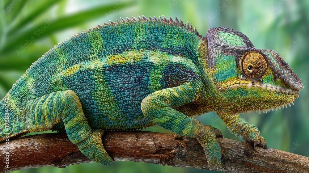 Fototapeta premium Vibrantly Colored Chameleon Perched on a Textured Branch Amidst Lush Green Foliage