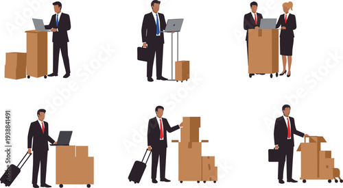 Business Professionals with Laptops, Briefcases, and Cardboard Boxes in Travel, Presentation, and Logistics Scenes for Corporate Workflow Concepts