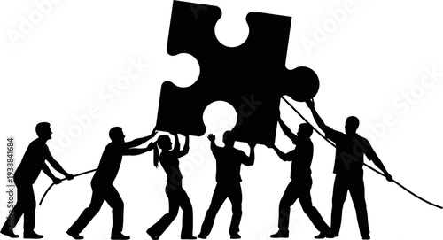 Teamwork concept with people moving giant puzzle piece