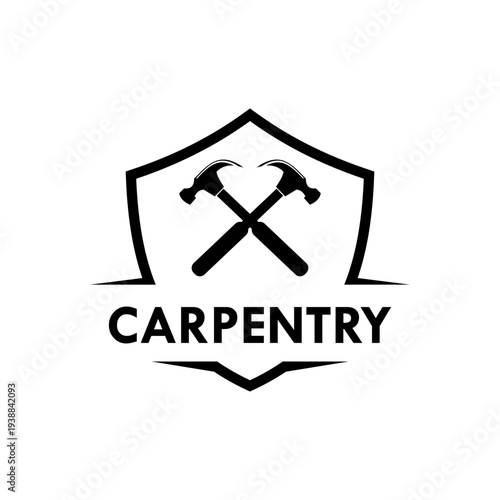 Carpentry and construction logo featuring crossed hammers inside a shield emblem, representing strength and professional woodworking services for builders and craftsmen.