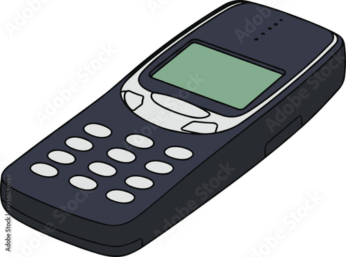 Classic mobile phone vector illustration featuring keypad, monochrome screen, retro design, vintage communication device from early 2000s technology era