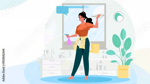Woman cleaning bathroom with duster and spray bottle, illustration, cleaning activity, domestic scene, interior view