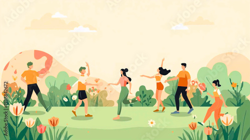 People enjoying leisure activities in a vibrant outdoor setting with lush greenery and colorful flowers