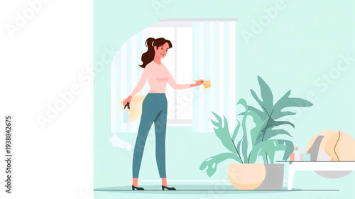 A woman cleans a window with a cloth in a room with a plant and a bathtub, a serene illustration.
