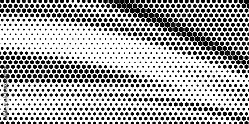 Hexagon halftone gradient texture. Abstract black grunge background. Geometric retro halftone tech wallpaper. Fading wavy hexagonal pattern backdrop. Vector vanishing honeycomb grunge bitmap overlay