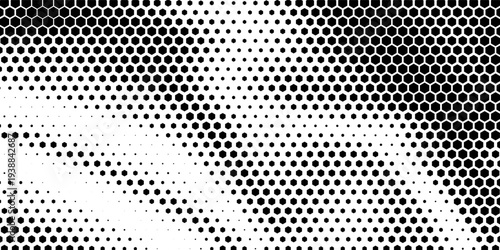 Hexagon halftone gradient texture. Abstract black grunge background. Geometric retro halftone tech wallpaper. Fading wavy hexagonal pattern backdrop. Vector vanishing honeycomb grunge bitmap overlay