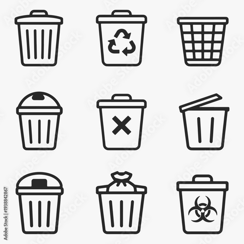 A set of trash can line art icons focuses on simplicity, elegance, and ease of recognition. Vector Sign for Logos, Labels, and Icons.
