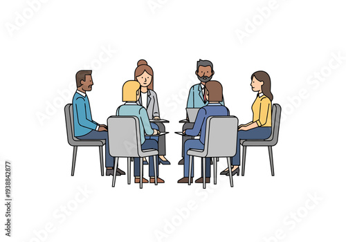 Diverse group of people sitting in a circle on chairs discussing ideas in a meeting room environment for collaboration and team building concepts