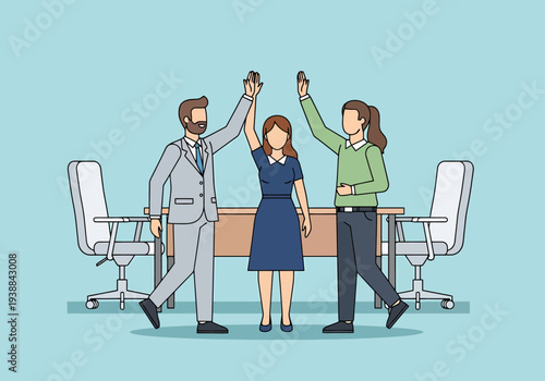 Diverse business team celebrates success with high five gesture in modern meeting room with furniture and light blue background showing cooperation
