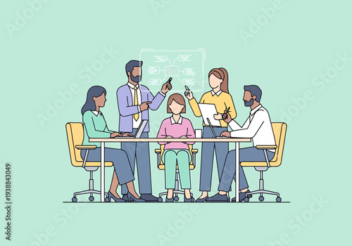 Diverse team collaborates on project strategy around a modern conference table with digital presentation board displaying charts and graphs