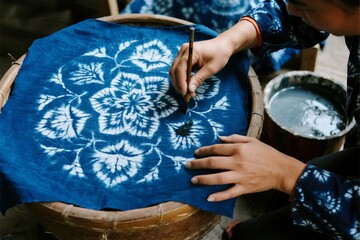 Artisan applying white dye to a blue fabric with floral patterns using a traditional handcraft technique
