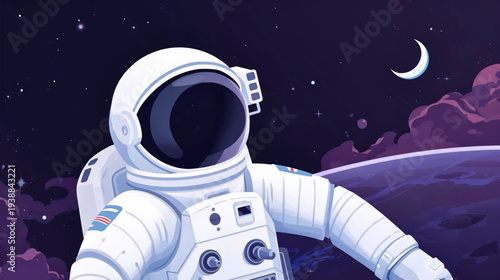 Astronaut Exploring Space Station in Orbit Around Planet with Crescent Moon, Vector Illustration