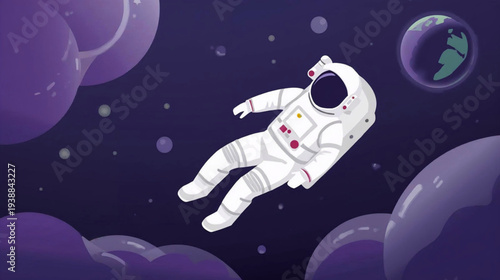 Astronaut floating in space surrounded by purple clouds and a distant planet earth view illustration