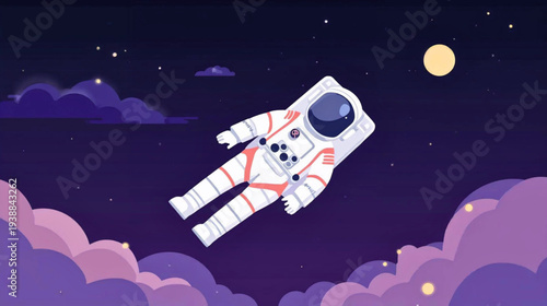Astronaut floating in space surrounded by clouds and stars with a planet in the background viewed from above