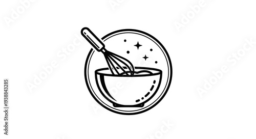 Bowl with Whisk and Ingredients Inside.