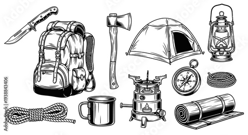 Vintage Outdoor Camping and Hiking Equipment Illustration