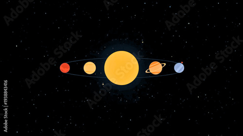 Illustration of the solar system with planets aligned around the sun in a cosmic environment from a distant viewpoint