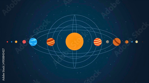 Illustration of the solar system with planets in orbit around the sun in a stylized representation viewed from a distant perspective
