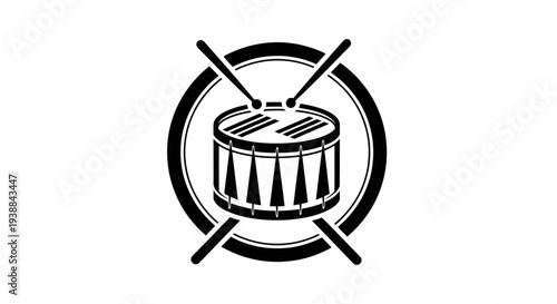 Drum Icon with Crossed Drumsticks Inside Circle.