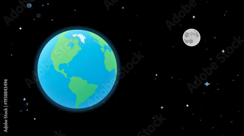 Digital illustration of Earth and Moon in outer space viewed from a distant perspective