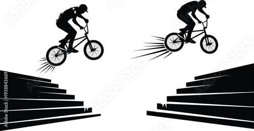 Extreme sport BMX rider jumping over stairs performing trick stunt silhouette vector illustration for action, adventure, cycling competition, adrenaline urban lifestyle design