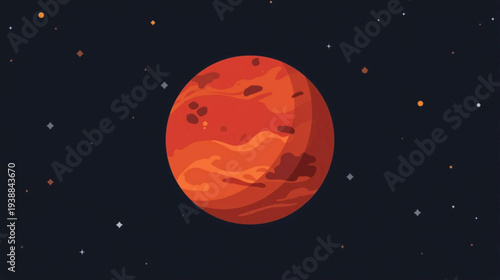 A close-up view of Mars in outer space with stars surrounding the planet in a digital illustration