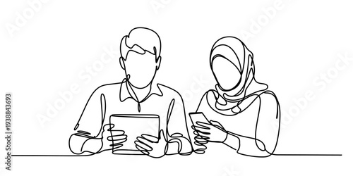 Muslim Couple Using Tablet and Smartphone Together for Online Browsing