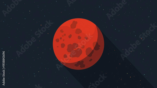 A red planet viewed from space, showcasing its craters and shadow, depicted in a graphic illustration.