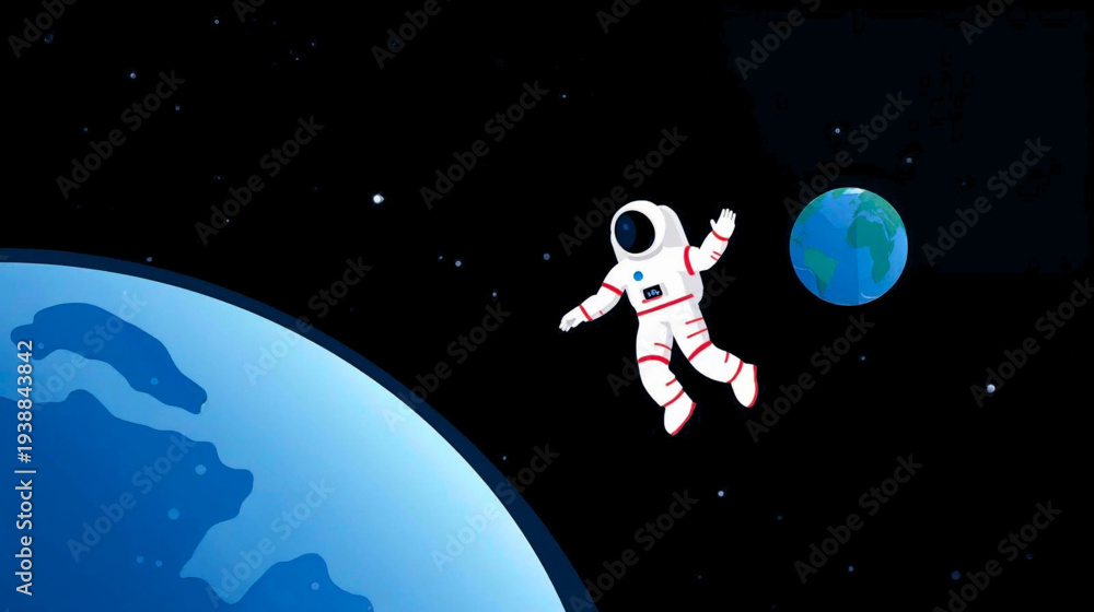 Naklejka premium Astronaut floating in outer space near Earth and moon from a distant viewpoint