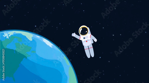 An astronaut floats in outer space near a blue planet viewed from a distant perspective