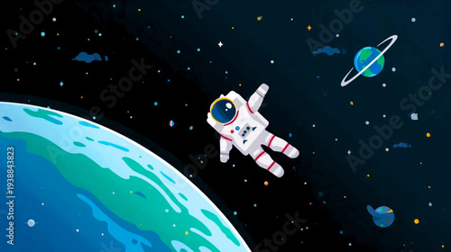 Astronaut floating in outer space near a planet with stars and galaxies around