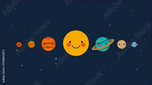 Illustration of the solar system with planets and sun in a line from a distant viewpoint in space