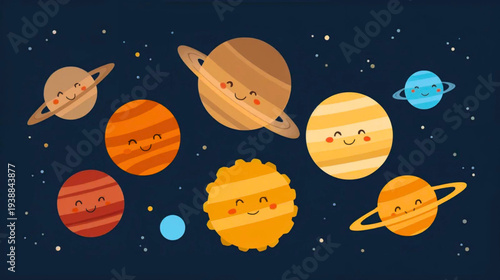 Illustration of celestial bodies in outer space viewed from a distant planet with various planets and stars visible