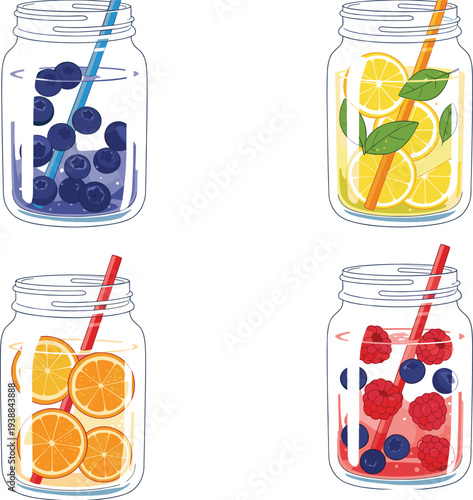 Fruit Infused Water in Mason Jars with Straw, Lemon, Berries, Mint and Orange for Healthy Drink, Summer Refreshment and Nutrition Design