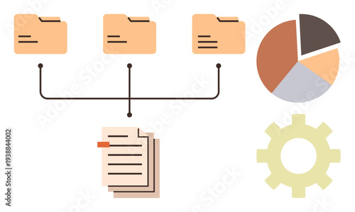 Data organization, project planning, team workflow, process optimization, resource allocation, analytics. File folders connected to documents, pie chart and gear. Data organization and project