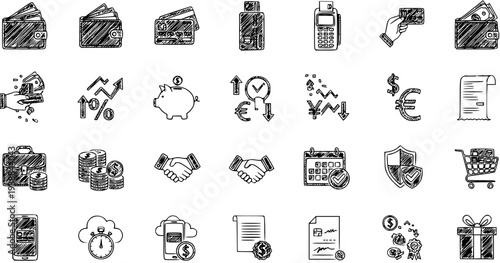 Hand-drawn black and white financial icons set: wallets, credit cards, payments, piggy bank, charts, cash, security, shopping cart, gift box