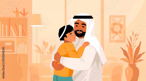 Father embracing son in a warm and cozy living room with decorative plants and furniture