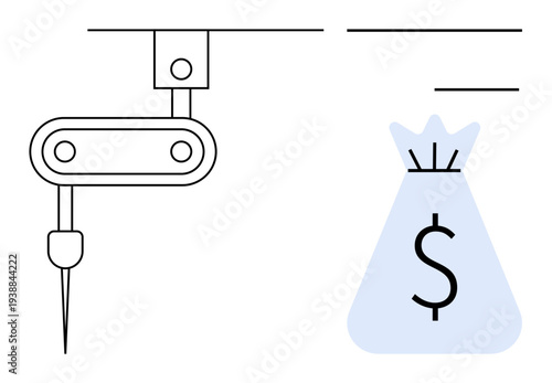 Robotic arm producing a money bag representing automation, profit, manufacturing efficiency, or economic growth. Ideal for technology, industry, AI, fintech, business strategy innovation themes