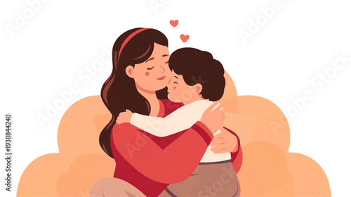 A mother and child embracing affectionately in a warm and intimate illustration from a close viewpoint