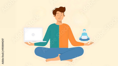 A person meditating with laptop and water bottle, showcasing balance between technology and wellness, illustration