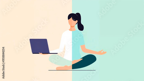 A woman meditates with a laptop in a serene environment from a side viewpoint