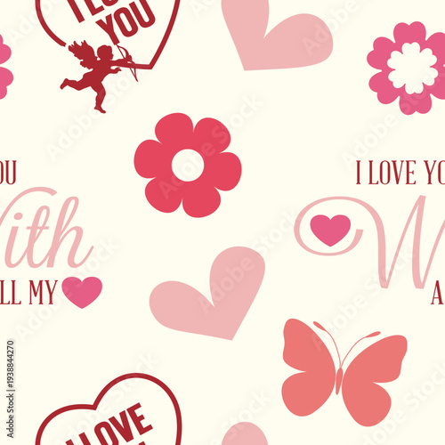Seamless romantic love pattern  on neutral background. Ideal for wrapping paper, textile, fabric print, greeting cards, wallpaper and romantic themed design.