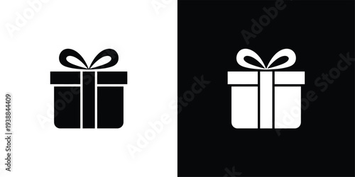 Black and white gift box with ribbons present symbol