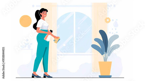 Woman caring for a potted plant in a serene indoor setting with a window view