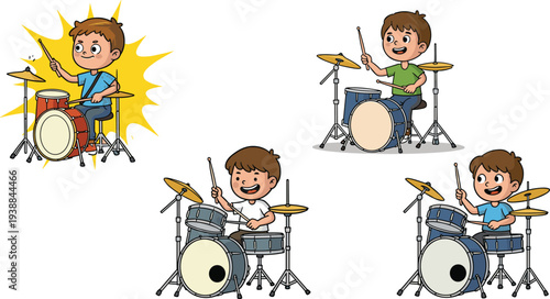 Happy cartoon kids playing drum sets with drumsticks, musical instruments performance, children music band activity, fun drummer vector illustration design.
