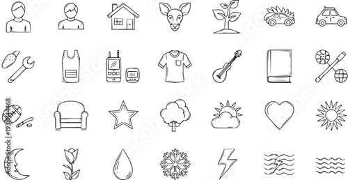 Black and White Line Art Icons: People, House, Car, Nature, Music, Health, Technology, Weather, Love, Sports