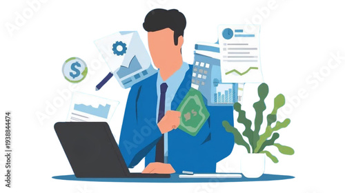 Businessman analyzing financial data on laptop with cash and documents around him